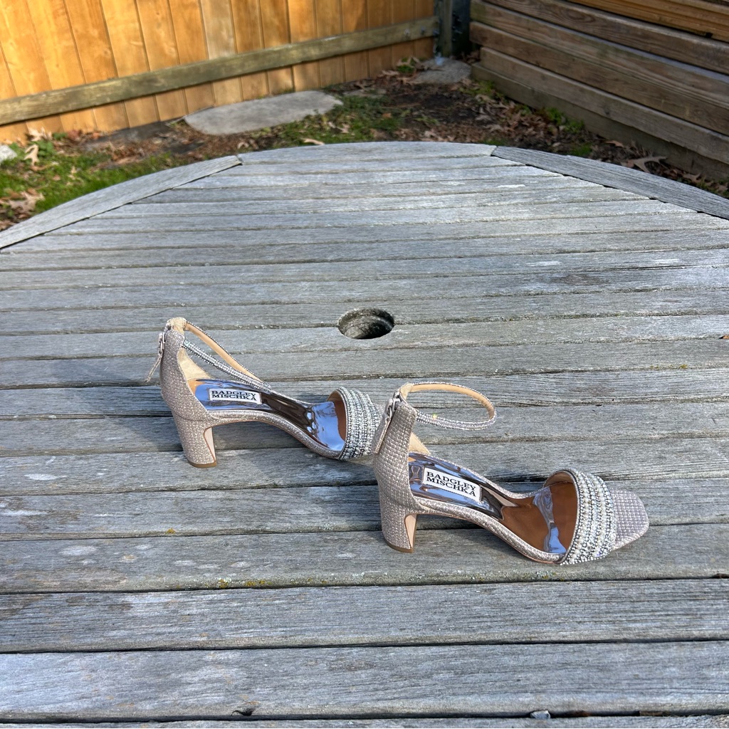 Nwot Badgley Mischka 'Kameryn' Open-Toe Block Heels In Pale Gold Size 5